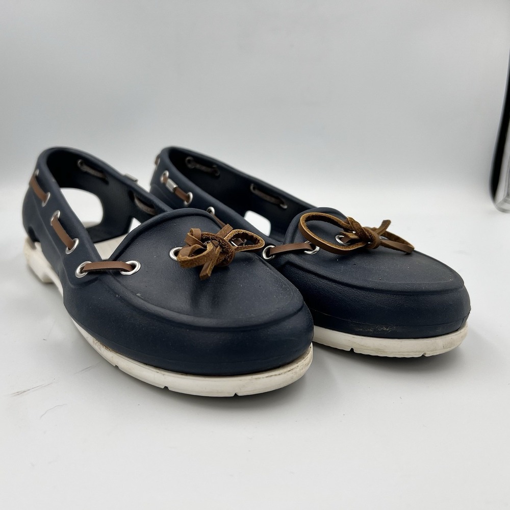 Crocs Women's Size 6 Beach Line Boat Shoes Navy Blue & White Slip On‎ Preppy